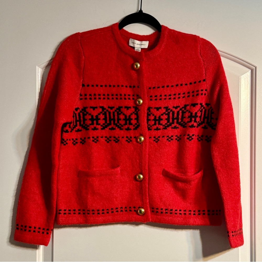 Free Assembly Elegant Red Cardigan w/ Black‎ Accents and Gold Buttons